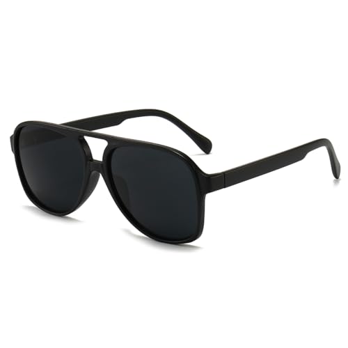 Long Keeper Gafas de Sol Piloto Polarizadas para Mujer Hombre Retro Clásico Doble Puentes Gafas de Sol Grandes Cuadradas Años 70 Protección UV400 (Negro Mate Montura - Gris Oscuro Lente)