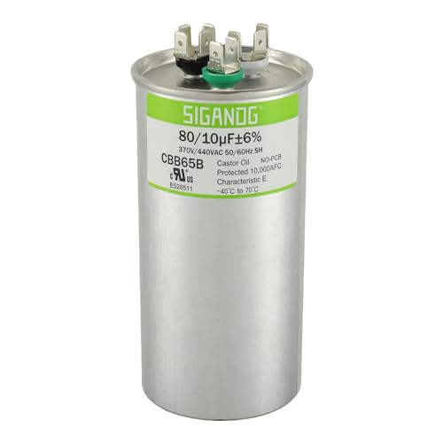 SIGANDG 80/10 uF 80+10 MFD 370V or 440V CBB65 Dual Run Start Round Capacitor 80 10 uF MFD 370 440 Volt VAC for Condenser Straight Cool or Heat Pump Air Conditioner