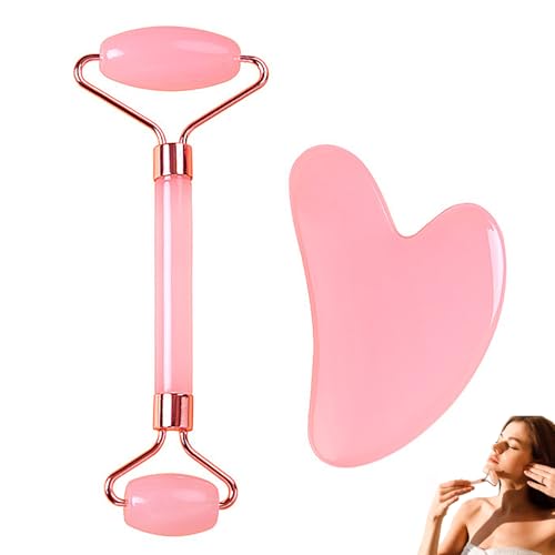1 Set of Gua Sha Set and Jade Roller Face Roller Massage Tool Gua Sha Stone for Women Body Muscle Relaxing Improve Eye Puffiness Skin Care Gift(Pink)