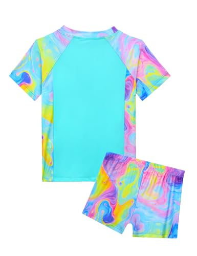 Image of Girl Swimsuits 2 Pieces Multicolor Short Sleeve Quick Dry Durable Rash Guard Set with Shorts