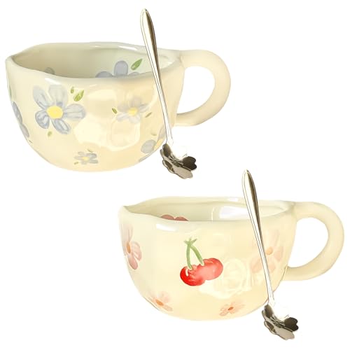 2 Stück Keramik Teetasse, 300ml Handgemachte Keramik Tasse Blumen mit Löffel, Cappuccino Tassen, Kawaii Kaffeetasse teetassen, Kaffeetassen Set für...