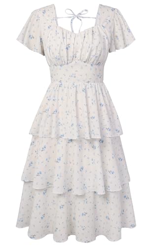 Women's Vintage 1950s Elegant Floral Tea Party Dress Short Sleeve Square  Neck Tiered Ruffle Wedding Guest Dress S at Amazon Women's Clothing store