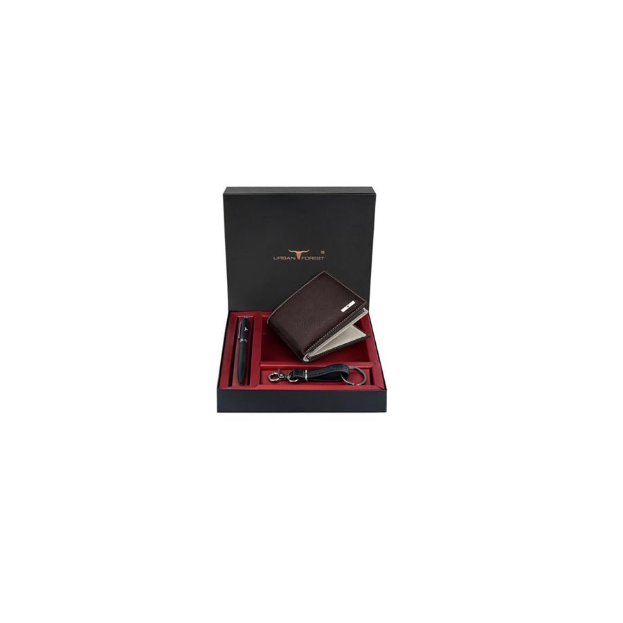 URBAN FOREST Kenny Brown/Sand Leather Wallet, Black Pen & Keychain Combo Gift Set for Men