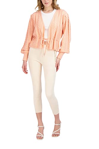 Bcbgeneration Women's Long Balloon Sleeve Peplum Cable Knit Sweater Plunging V Neck Drawstring Top, Peach, Xx-Small #TOP3
