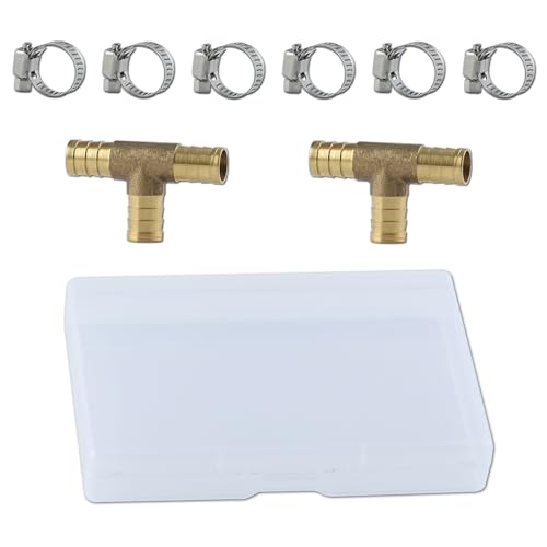 GOLD DEER 2PS 1/2 Brass Barb Tee Fittings ID Hose Pipe Fitting T-Shaped 3 Ways Hose Barb Reducer 3 Way Union Intersection Fitting Barbed Tee Connector with 6 PCS Hose Clamp for Oil Water Air