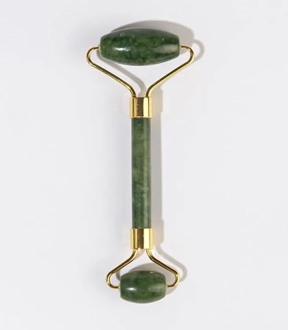 Jade Roller for Face, Dual-Ended Green Jade Stone Facial Massage Roller with Gold-Tone Handle