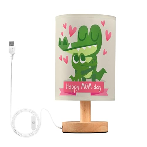 YYZZH Table Lamp Happy Mother's Day Crocodile Mom Hug Baby Pink Heart Nightstand Lamp with Wood Base Fabric Lamp Shade Bedside Desk Lamp for Living Room Bedroom Kids Room Office