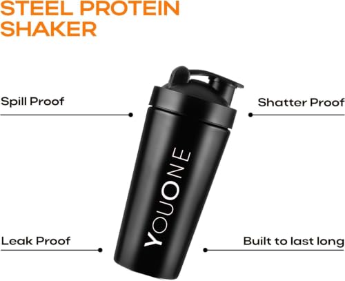 Image of YOUONE Stainless Steel Shaker Bottles For Gym - 100% Leakproof Guarantee, Ideal For Protein, Pre Workout, Bcaas & Water Bpa Free Material (Red) (Black)