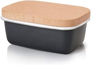 G.a HOMEFAVOR Enamel Butter Dish, Butter Keeper Container with Beech Wooden Lid, Perfect