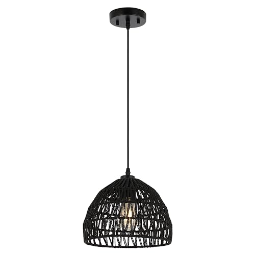 Image of JONATHAN Y 10.25 inch Black Modern Bohemian Woven Rope LED Pendant Light Fixture, Adjustable Dome Ceiling Lamp for Kitchen Island, Rope Shade, Coastal Farmhouse Decor (JYL6513B)