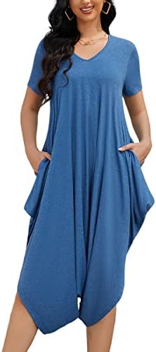 Double Chic Women's Short Sleeve Jumpsuits Casual V Neck Summer One Piece Harem Romper With Pockets Back Zip