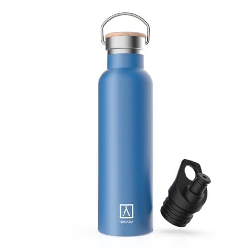 NUMADA-Botella Térmica Acero Inox 600ml Azul Estanca con Doble Pared al Vacío y Recubrimiento Cerámico. Mantiene Frío 24H y Calor 12H|Boca Ancha|Libre BPA|Incluye 2 Tapones (1 Sport)/Bolsa Transporte