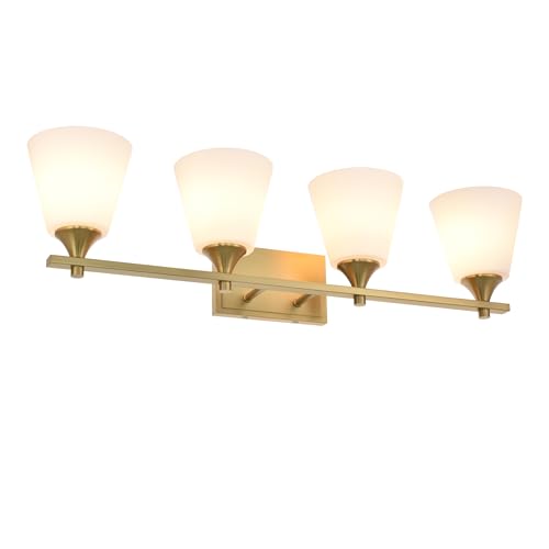 Image of Brass Bathroom Vanity Light Fixtures, 4 Lights American Traditional Gold Vanity Lighting Fixture with Opal Glass Shade, Porch Wall Mount Light Fixture for Bathroom, Mirror Cabinets Hallway Stairs
