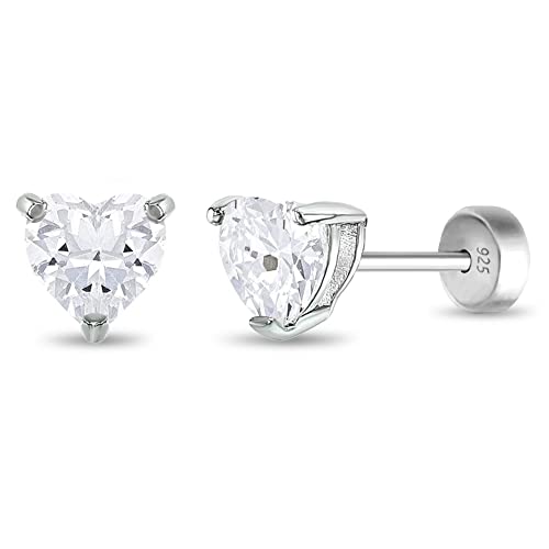 925 Sterling Silver Cubic Zirconia Heart-Shaped Solitaire Stud Girl's Earrings with Safety Push Back Locking 4mm- Excellent For Baby Girls, Toddlers & Young Girls- Best For Kids With Sensitive Ears