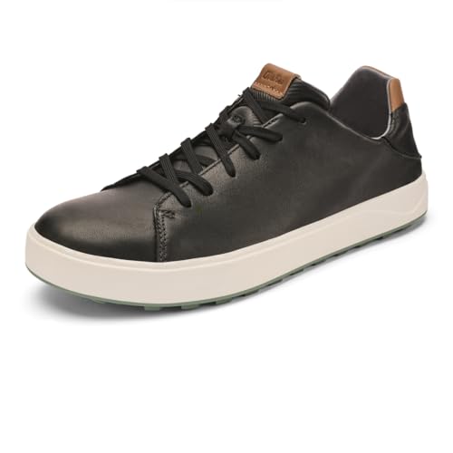 OluKai Waialae Mens Golf Shoes Spikeless Golf Shoes Supple Full-Grain Leather & Contoured Footbed Waterproof & Stain-Resistant Black/Black 9
