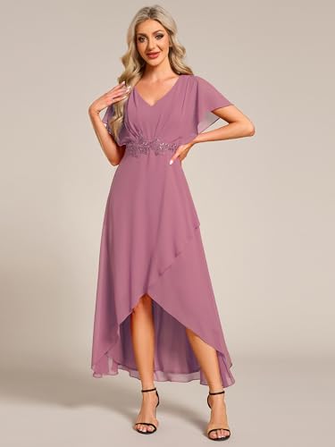 Image of Ever-Pretty Women's Formal Dress A Line V Neck Applique Waist Tea Length Wedding Guest Dress 02027