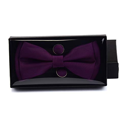 Image of GUSLESON Mens Solid Color Two Layer Pre-tied Bow Tie and Pocket Square Cufflink Set with Gift Box