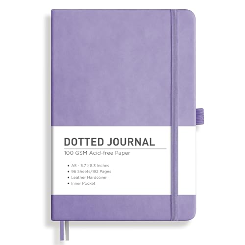 Image of RETTACY Dotted Journal Notebook, 192 Pages, A5 Medium Size (5.7'' x 8.3'') | Leather Hardcover, 100 GSM Thick Paper, for Journaling, Planning, Tracking (Purple)