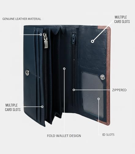 Image of Calfnero Women's Genuine Leather Wallet-Long Purse Wallet with Multiple Card Slots, Zip Pocket and Note Compartment (Blue)