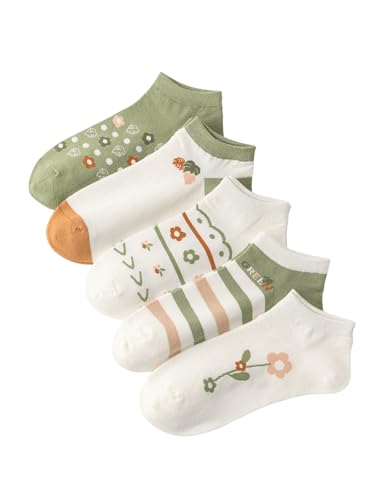 WDIRARA Women's 5 Pairs Floral Print Striped Cute Socks Casual Ankle Crew Socks