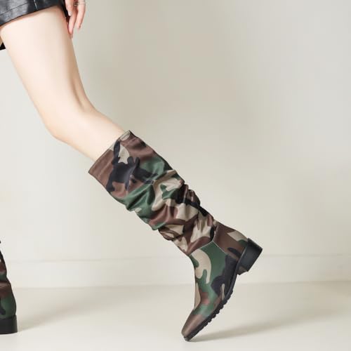 YIYA Women's Camouflage Slouchy Knee High Boots Square Toe Chunky Flat Heel Riding Combat Tall Pull On Boots4