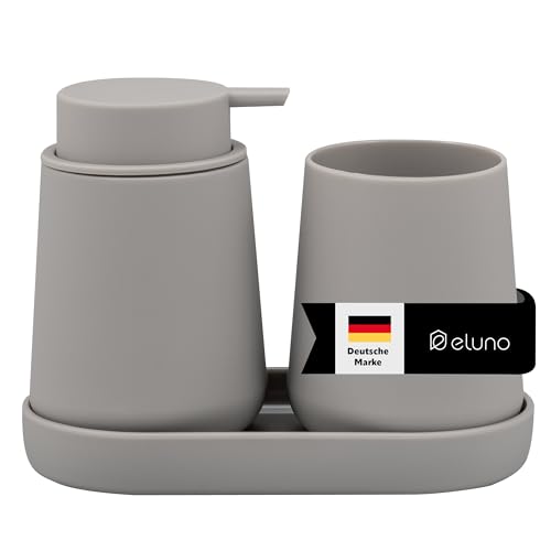 eluno Badezimmer-Set TESERO mit Soft-Touch Oberfläche, Bad-Accessoires Set 3tlg. bestehend aus 1x Seifenspender, 1x Becher und 1x Schale, ideal für Badezimmer und Küche aus Kunststoff (Taupe)