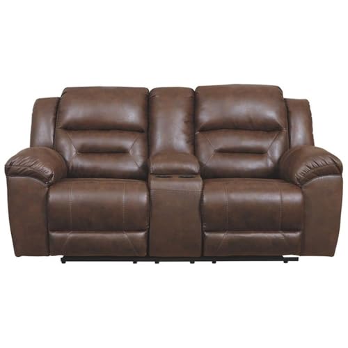 Image of Signature Design by Ashley Stoneland Faux Leather Power Double Reclining Loveseat with Center Console, Dark Brown
