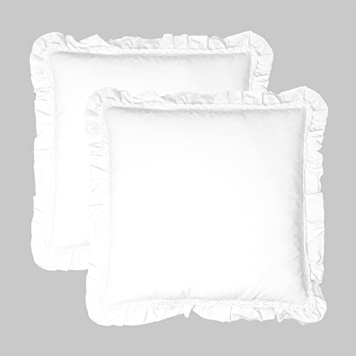 White Ruffle Pillow Case 100% Cotton Boho Euro Sham Vintage Elegant Lace Inlay White European Sham Throw Sham Cushion Cover Shabby Chic 26x26inch Set of 2 by JNG Kraftlab