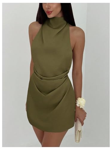 Image of Floerns Women's Ruched Cowl Neck Halter Mini Dress Tie Backless Night Out Dresses
