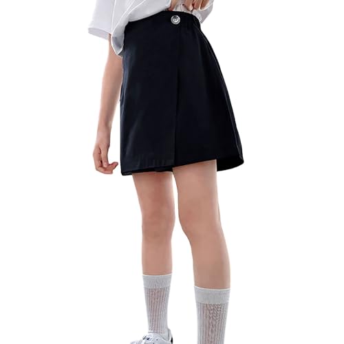 Girls Baggy School Style Short Skirts Kids Casual Elastic Waist with Button Skorts Teen Summer Loose Fashion Outfits(Dark Blue, 7-8 Years)
