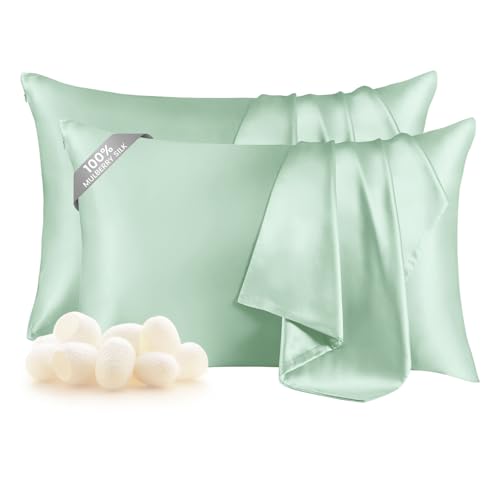 THXSILK Set of 2 Silk Pillowcase for Hair and Skin, 100% Mulberry Silk Bed Pillowcase Ultra-Soft, Hypoallergenic Soft Breathable Silk Pillow Case with Hidden Zipper, King Size 20"x36", Turquoise Green