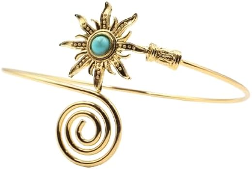 Boho Gold Sun Upper Arm Cuff Bracelet for Women - Adjustable Celestial Sunburst Armlet with Turquoise Stone, Grecian Triba...