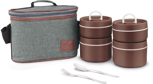 Image of Sanjeev Kapoor by Classic Essentials Luscious Microwave Friendly, Leakproof, Insulated Tiffin Set - 4 Containers (2x400ml + 2x600ml), Lunch Box with Bag & Cutlery, (2000ml Thermoware), Brown