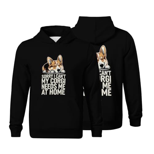 Kids Retro Funny Sorry I Can't My Corgi Needs Me At Home Boys Girls Lightweight Kangaroo Pocket Fleece Hoodies