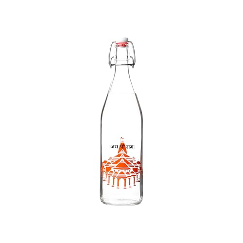 Image of SAND DUNE Glass Water Bottle Set of 1, 1000 ml, Ayodhya Mandir Printed, Clip Top Cap, Leak-Proof Bottle for Water, Milk, Gangajal, Panchamrit, Spiritual, Decor & Gifting