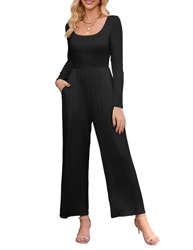 MAKABO Women's Black Semi Formal Jumpsuits, Fall Long Wide Leg Rompers with Pockets Curvy Lounge Outfits for Maternity, M
