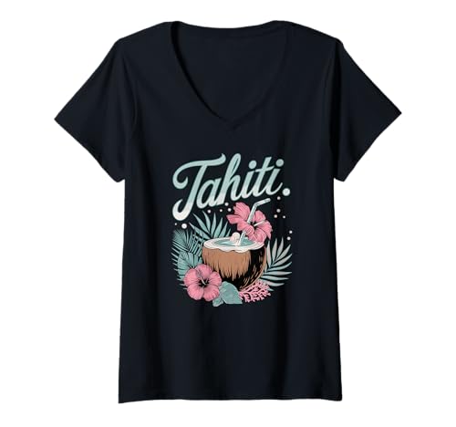 Mujer Vacaciones en la isla de bebida de coco en Tahití, flor de hibisco verano Camiseta Cuello V