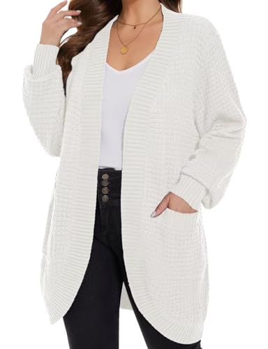 Image of MONNURO Womens Plus Size Open Front Cardigan Waffle Knit Long Sleeve Sweaters Tops Fall Coat Outerwear with Pockets