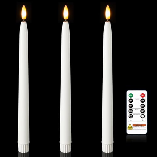 Image of Homemory 11 inches Waxy Flameless Taper Candles with Remote Timer Dimmer, 3 Pcs Battery Operated Taper Candles with Flickering Flame, White LED Candlesticks for Wedding, Christmas Indoor Decoration