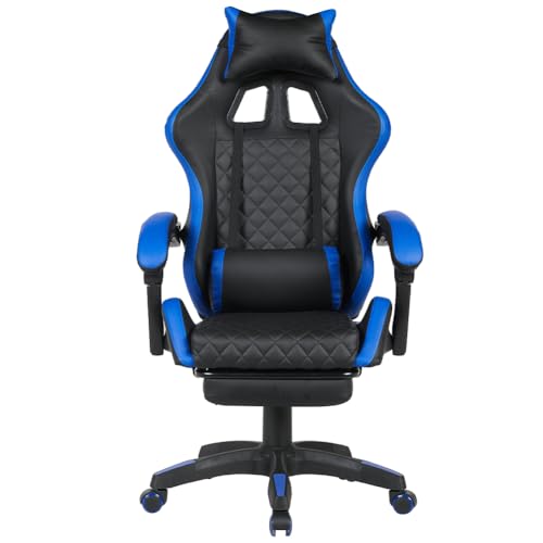 Sedia Poltrona Gaming Scrivana Ufficio Casa in Ecopelle Schienale Reclinabile Cuscino Lombare Poggiatesta Rotazione 360 Gradi Altezza Regolabile Base 5 Ruote (Blu con Poggiapiedi) - Sedia gaming - Immagine 2