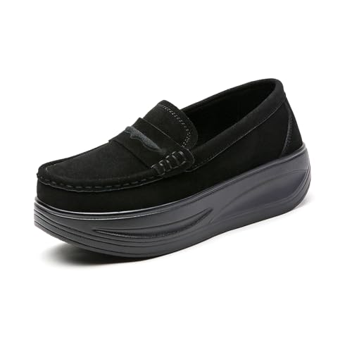 Image of Women's Suede Platform Wedge Loafers Moccasin Toe Comfort Casual Slip-on Loafer Shoes Toning Rocker Non-Slip Walking Shoes with Arch Support
