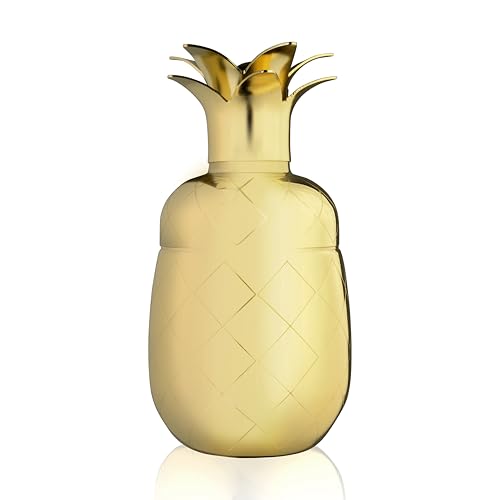 Viski Pacific Pineapple Cocktail Shaker – Tropical Themed Cocktail Shaker for Tiki Drinks – Stainless Steel with Gold Finish, 3-Piece Shaker with Built-In Strainer and Pineapple Leaf Cap - Set of 1