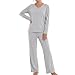 U2SKIIN Damen Schlafanzug Lang Pyjama Set, weich Kuschelig Nachtwäsche Zweiteiler Langarm Schlafanzüge mit Taschen V-Ausschnitt Hausanzug (Hellgrau, L)