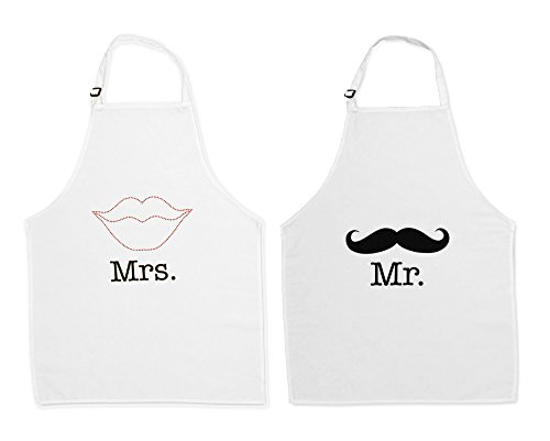 Kitsch n Charm Mr. and Mrs. Aprons with Mustache and Red Rhinestone Lips