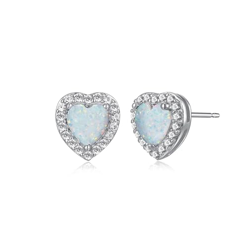Amazon Essentials Sterling Silver Created Opal and Created White Sapphire Halo Heart Stud Earrings