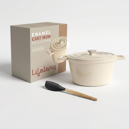 Image of Lifelong Enamel Cast Iron Casserole with Lid (3.8L, 24cm) | Oven, Gas & Induction Compatible | Slow Cooking, Even Heat Distribution, Nontoxic, Durable, Naturally Nonstick, No Stains or Scratch (Ivory)