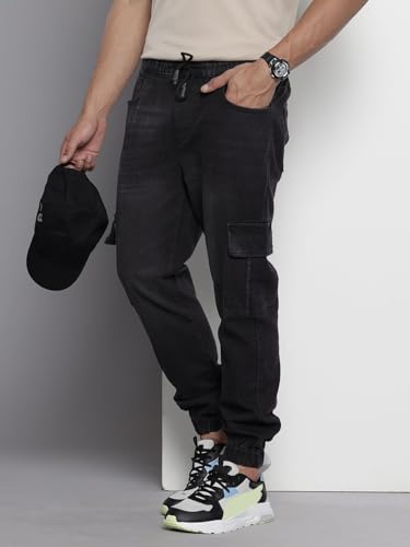 Image of The Indian Garage Co Men Regular Fit Solid Mid-Rise Stretchable Denim Cargo Joggers