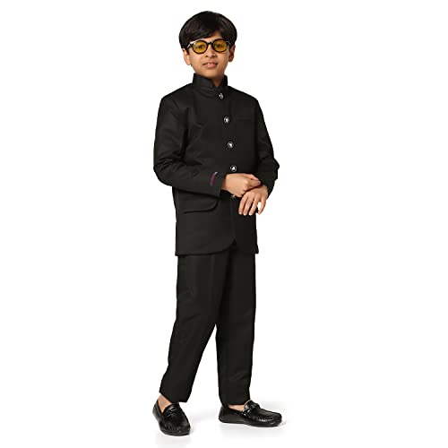 Image of TAHVO Boys Cotton Blend Solid Bandhgala Regular Fit Blazer
