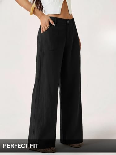 Image of GRECIILOOKS Beige Wide Leg Linen Trousers for Women | High Waist Cotton Baggy Korean Style Casual Pants | Comfortable Formal & Casual Women Trousers