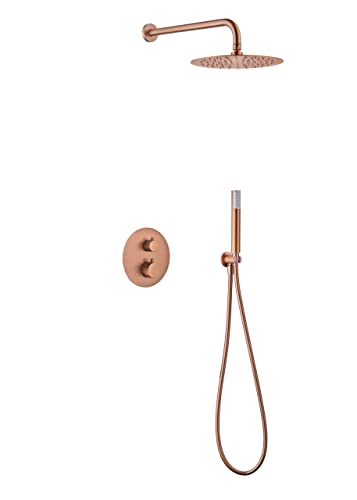 GALYON IMEX Sistema doccia Termostatico Serie Monza - Spruzzatore in acciaio inox extra piatto da 25 cm, rubinetteria in ottone con cartuccia termostatica e sistema autopulente TURN CLEAN (oro rosa